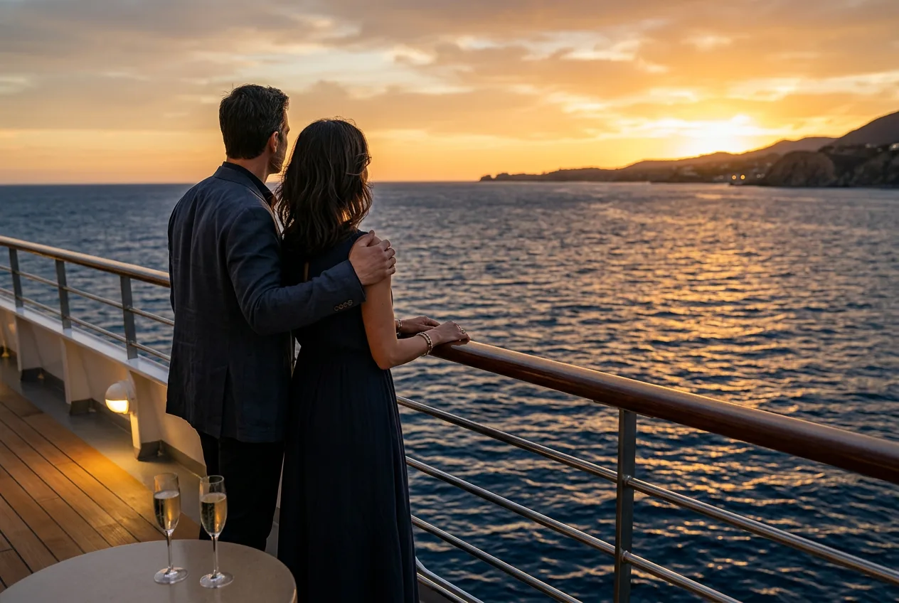 A couple watching a sunset from a cruise ship deck